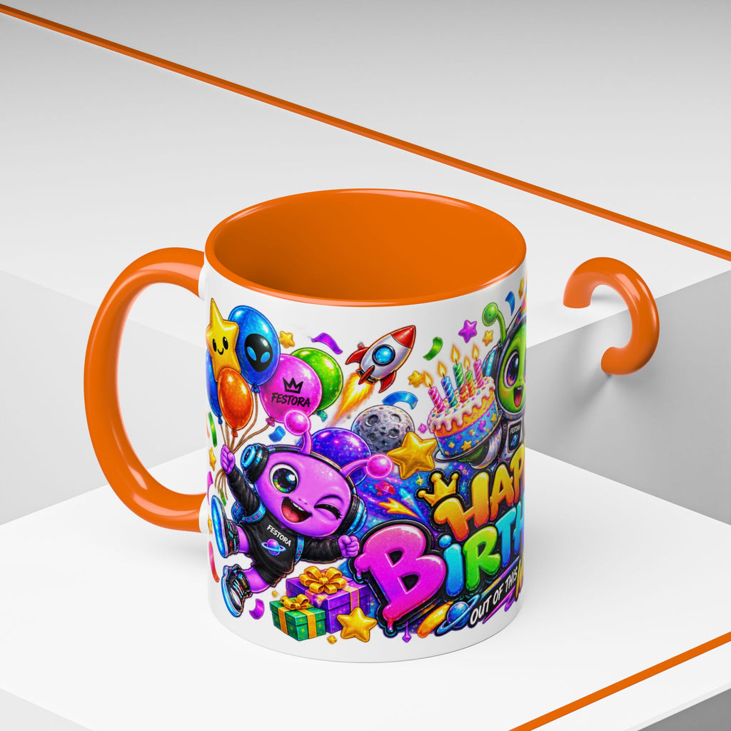 Happy Birthday Out of This World Accent Mug — Cute Alien Space Birthday Coffee Cup (11oz)