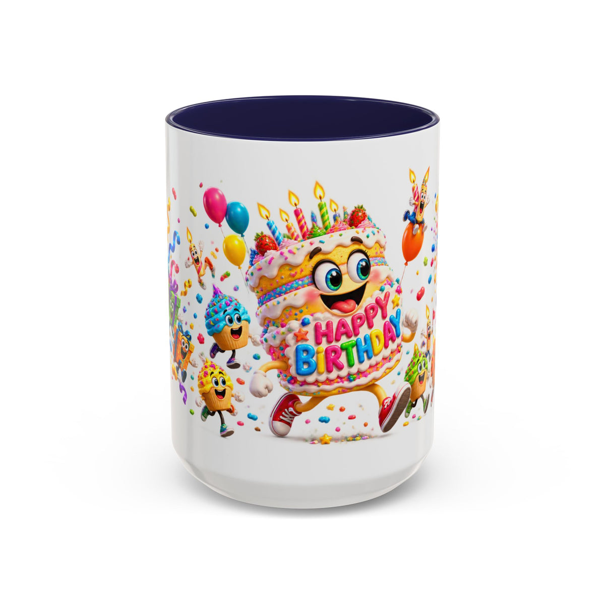 Birthday Party Coffee Mug – Colorful Happy Birthday Cake & Balloon Design (11/15oz Accent Mug)