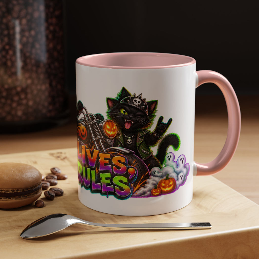 Nine Lives Zero Rules Biker Cats Halloween White Mug