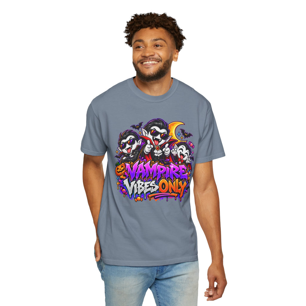 Neon Vampire Vibes Halloween Unisex Garment-Dyed T-Shirt Featuring a Cool Festora Vampire Crew