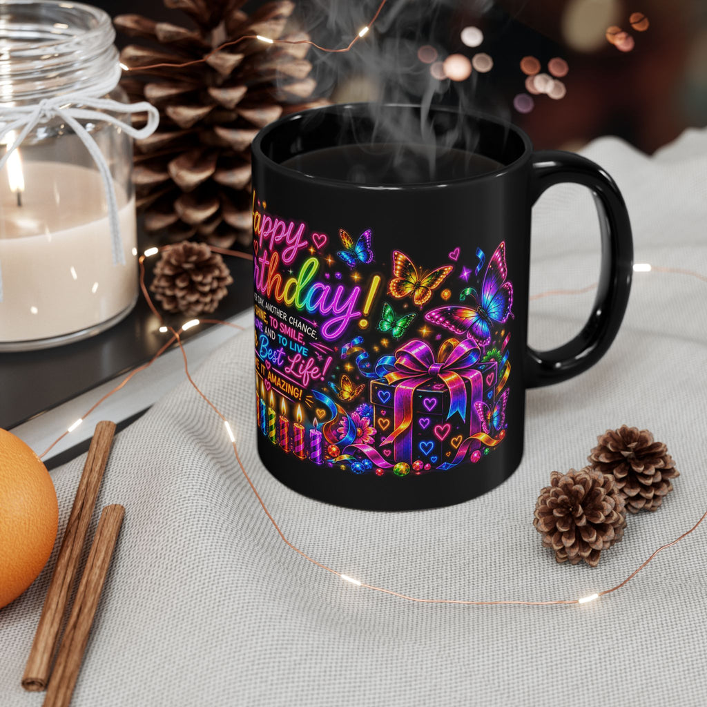 Birthday Black Mug – "Happy Birthday" Neon Gift Mug with Colorful Butterflies & Present