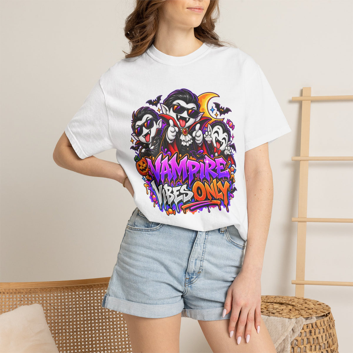 Neon Vampire Vibes Halloween Unisex Garment-Dyed T-Shirt Featuring a Cool Festora Vampire Crew