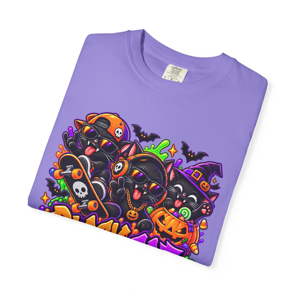 Neon Black Cat Halloween Chaos T-Shirt | Cute Spooky Cat Graphic Tee
