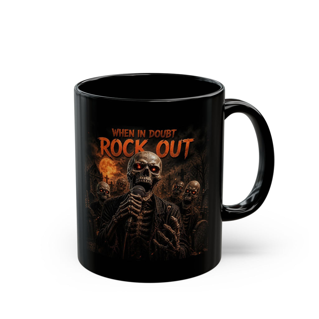 Rock Out Skull Mug — 'When in Doubt Rock Out' Gothic Cemetery Coffee Cup (11oz/15oz)