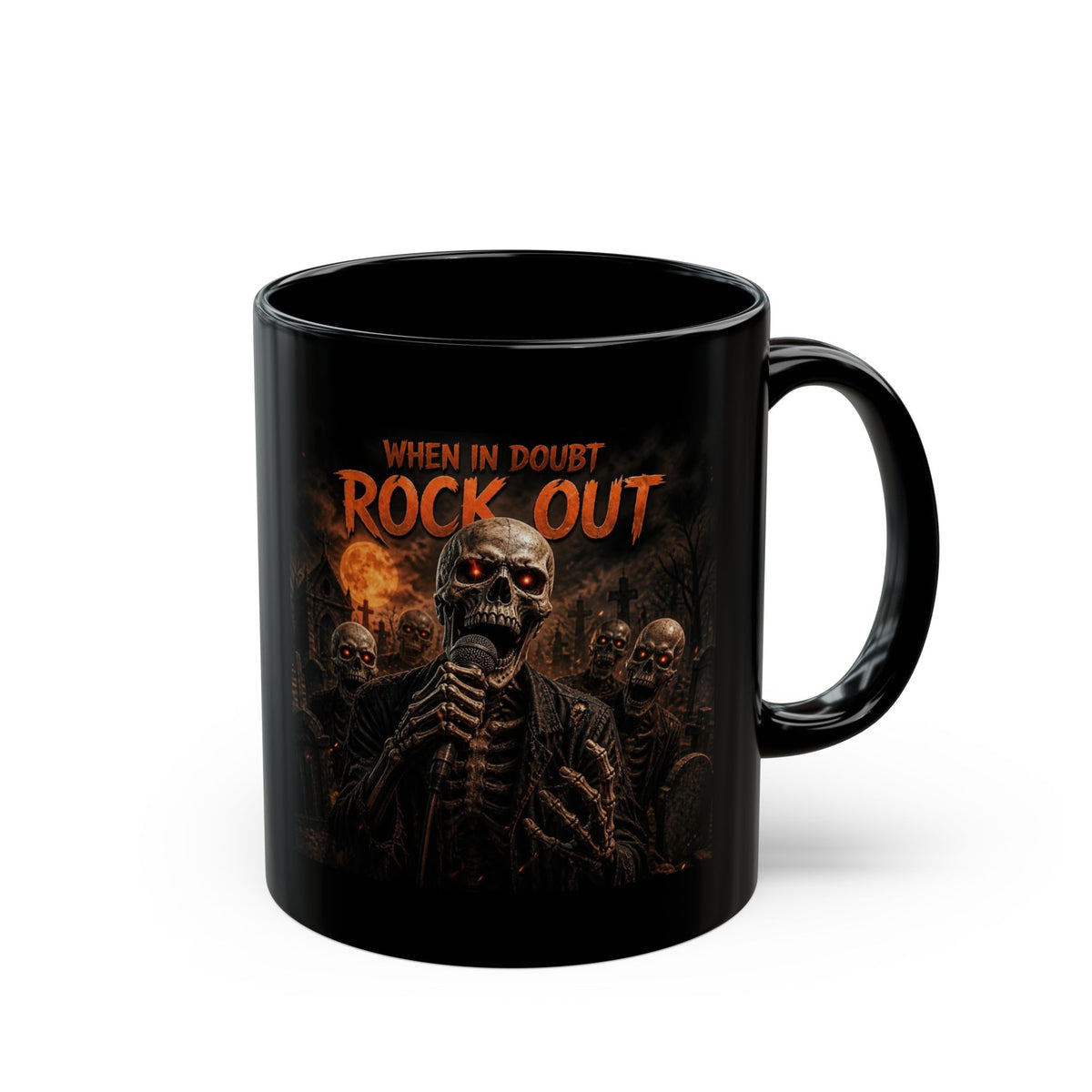 Rock Out Skull Mug — 'When in Doubt Rock Out' Gothic Cemetery Coffee Cup (11oz/15oz)