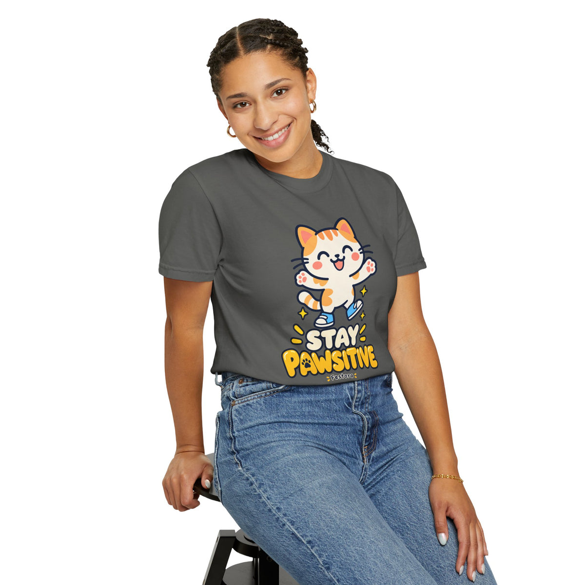 Stay Pawsitive – Cute Happy Cat Graphic T-Shirt