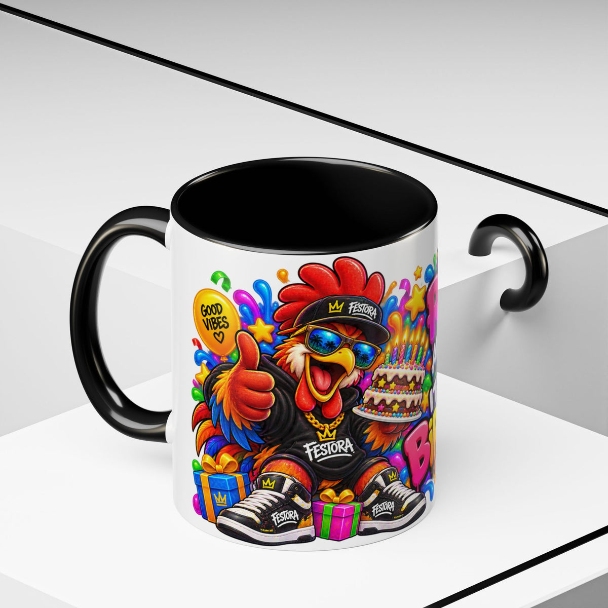 RISE AND SHINE… IT’S YOUR BIRTHDAY! White Ceramic Mug – Funny Rooster Birthday Coffee Cup – Colorful Party Gift – Original FestoraShop Design