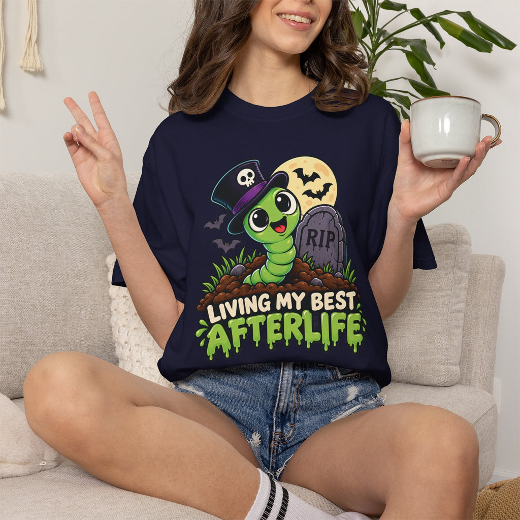Living My Best Afterlife – Cute Halloween Graveyard Worm T-Shirt