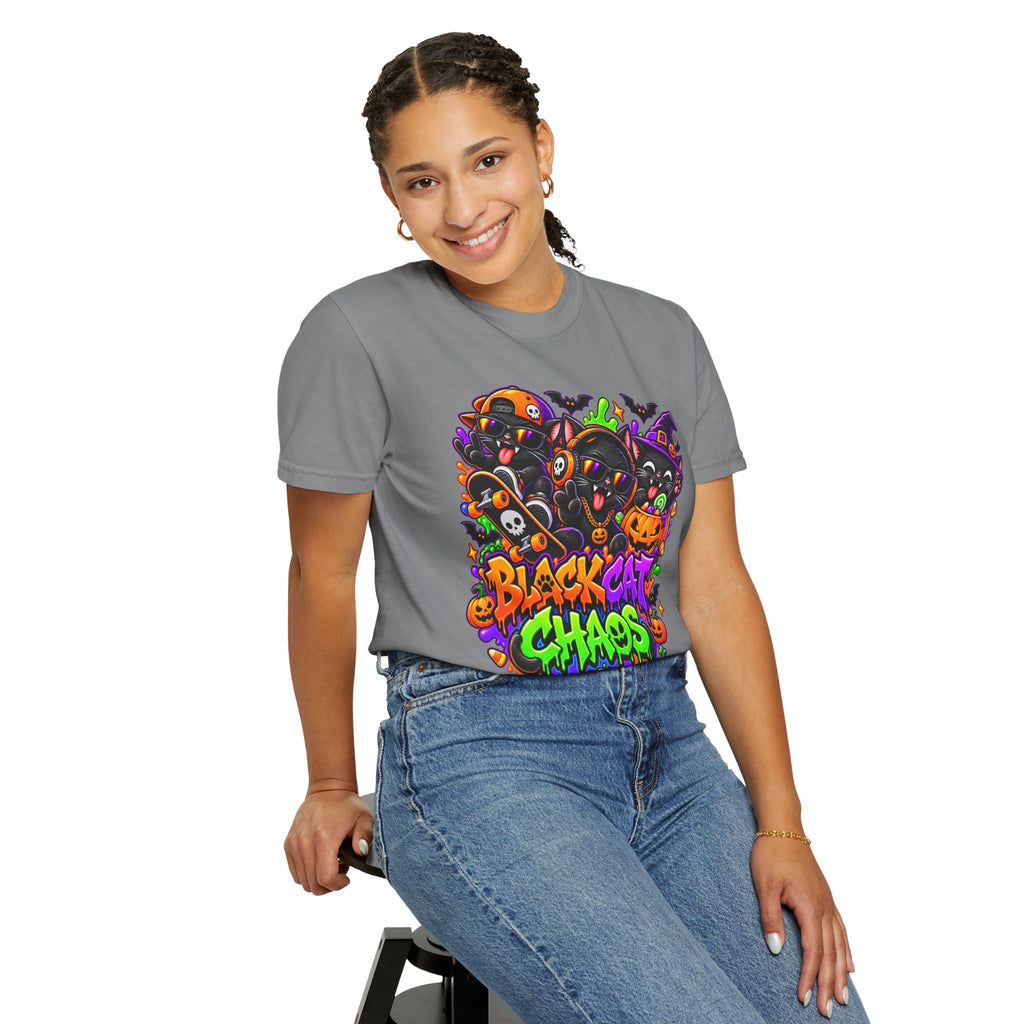 Neon Black Cat Halloween Chaos T-Shirt | Cute Spooky Cat Graphic Tee