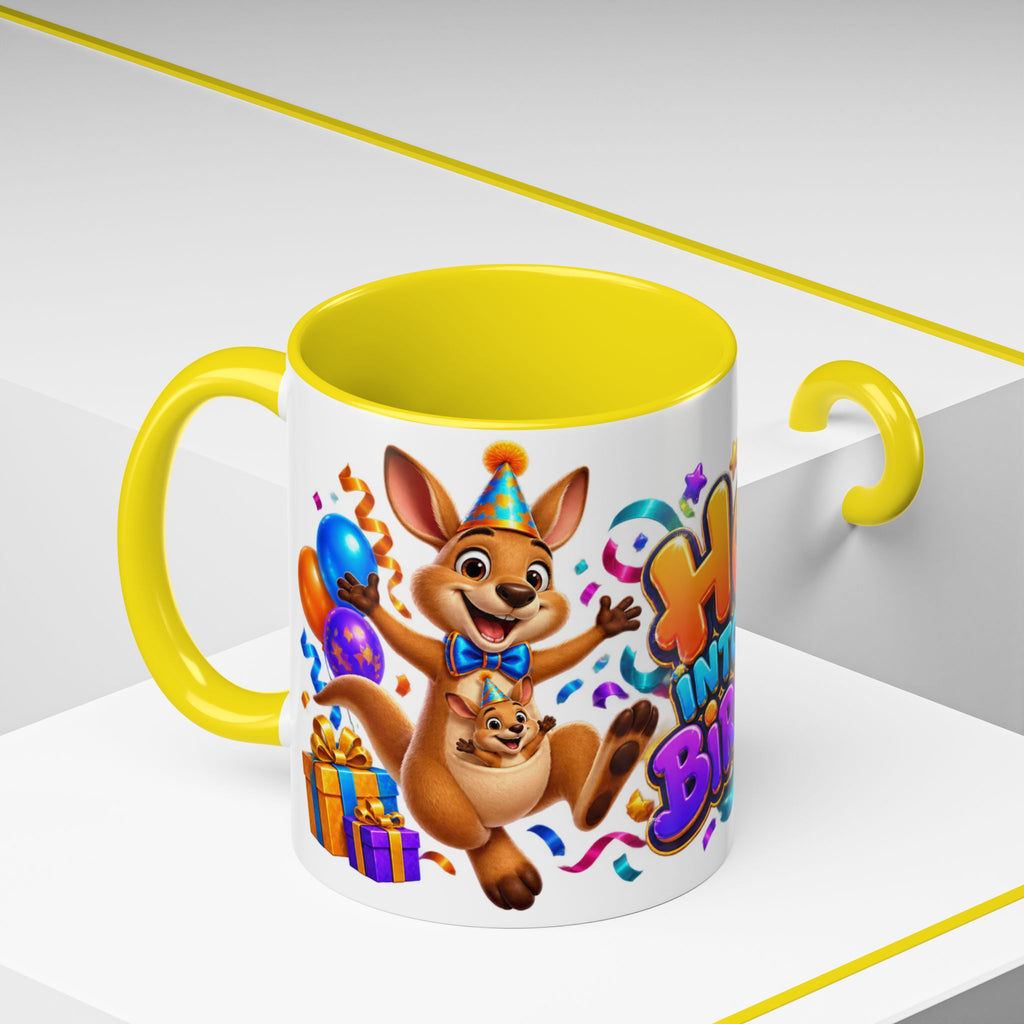 Hop Into Your Birthday White Mug – Cute Kangaroo Birthday Cup, Colorful Fun Party Gift