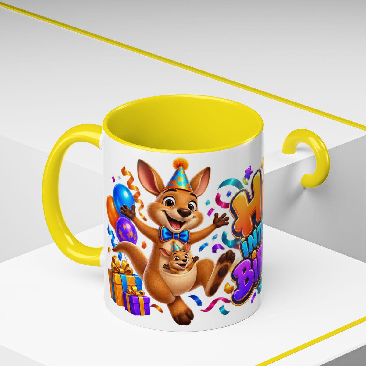 Hop Into Your Birthday White Mug – Cute Kangaroo Birthday Cup, Colorful Fun Party Gift