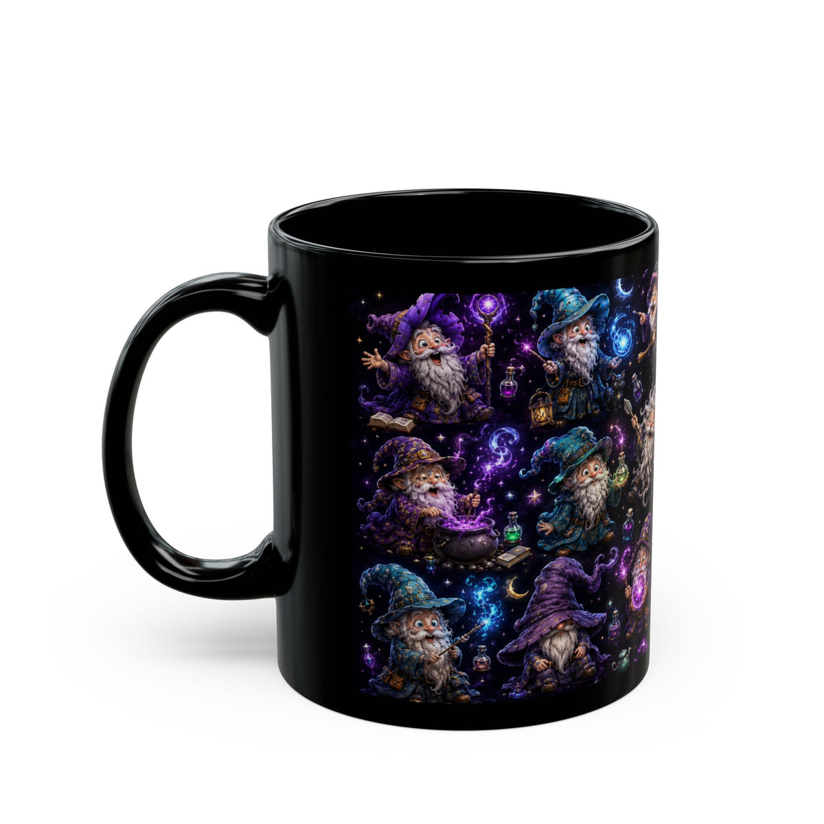 Magic Wizard Pattern Black Mug — Cute Wizardry Coffee Cup (11oz/15oz)
