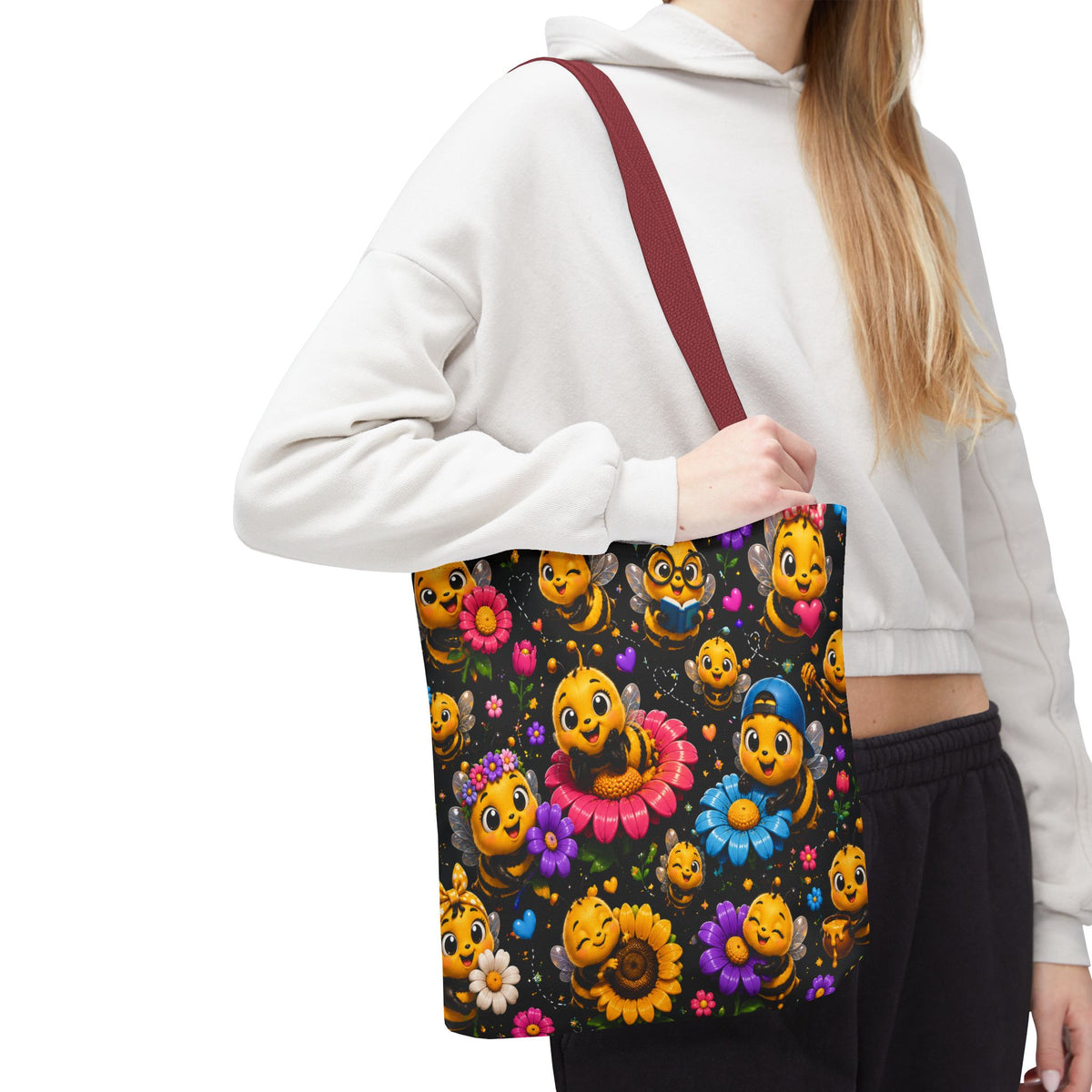 Cute Bee Pattern Tote Bag — Colorful Floral Cartoon Bees All-Over Print