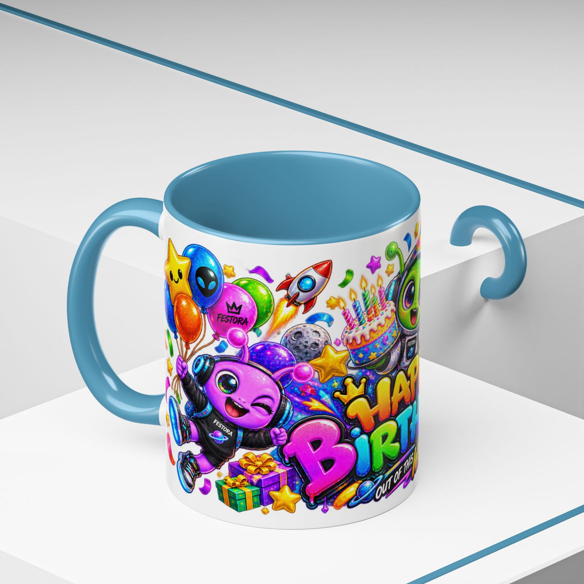 Happy Birthday Out of This World Accent Mug — Cute Alien Space Birthday Coffee Cup (11oz)