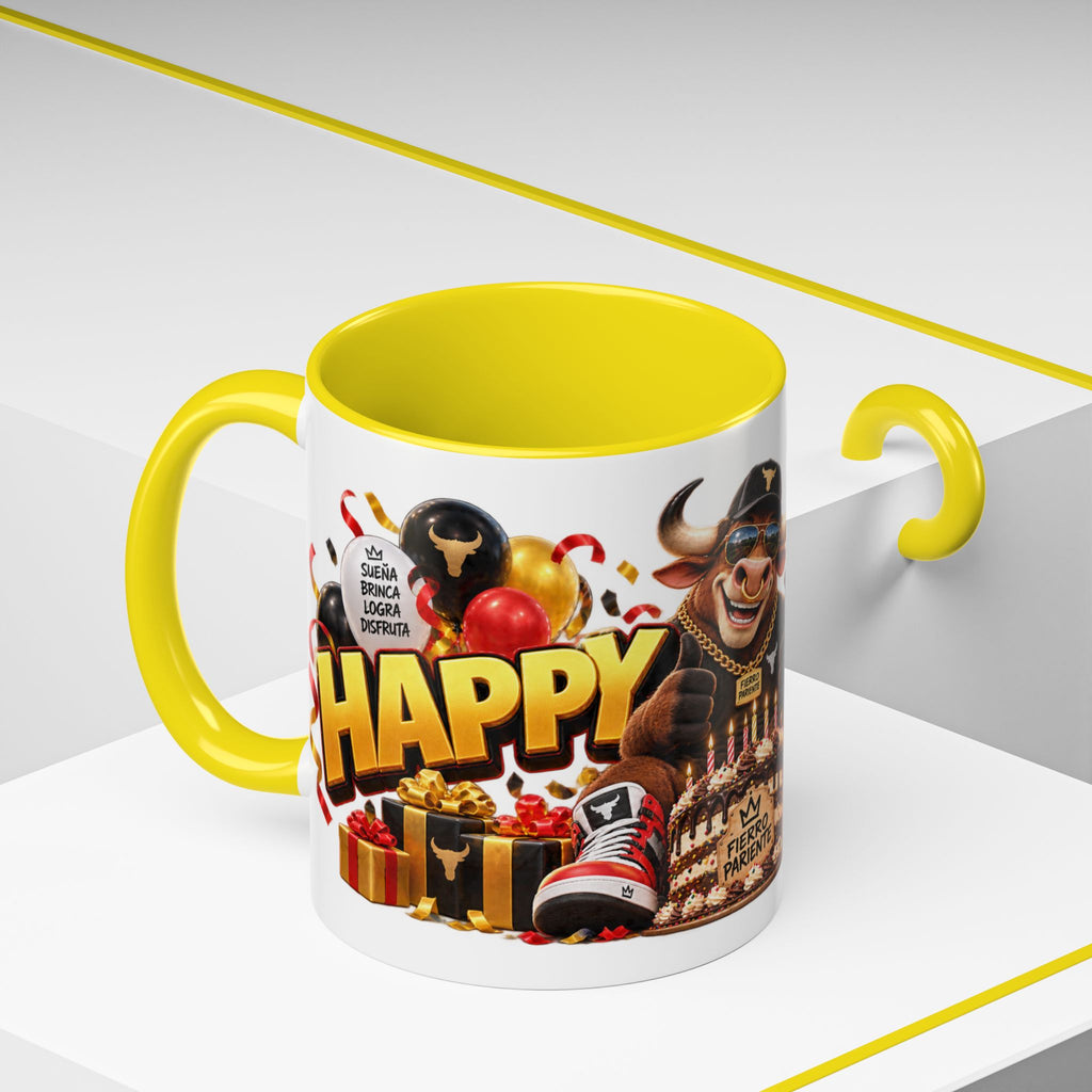 Happy Birthday Bull Mug – Colorful 3D Birthday Gift – White Coffee Mug