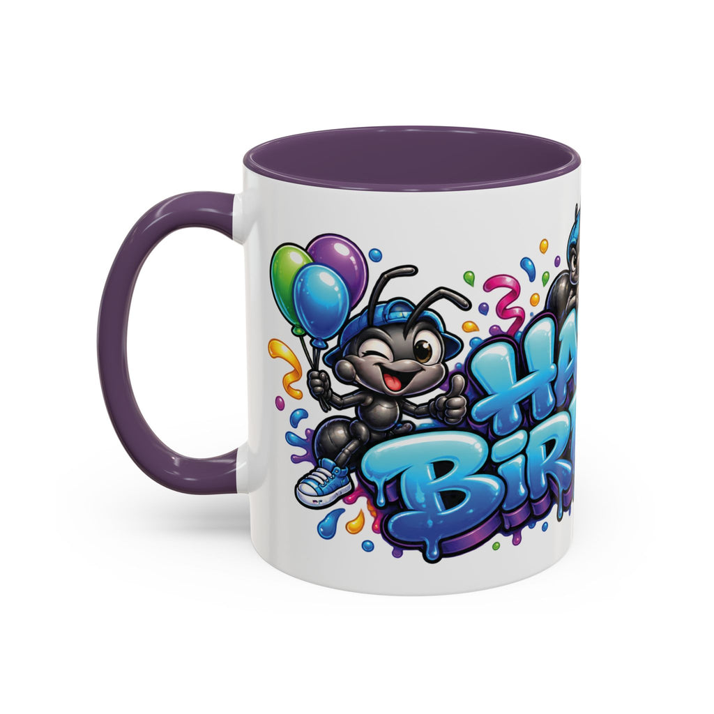 Happy Birthday Cartoon Mug – Graffiti Ants, Birthday Cake, Balloons & Confetti Coffee Cup