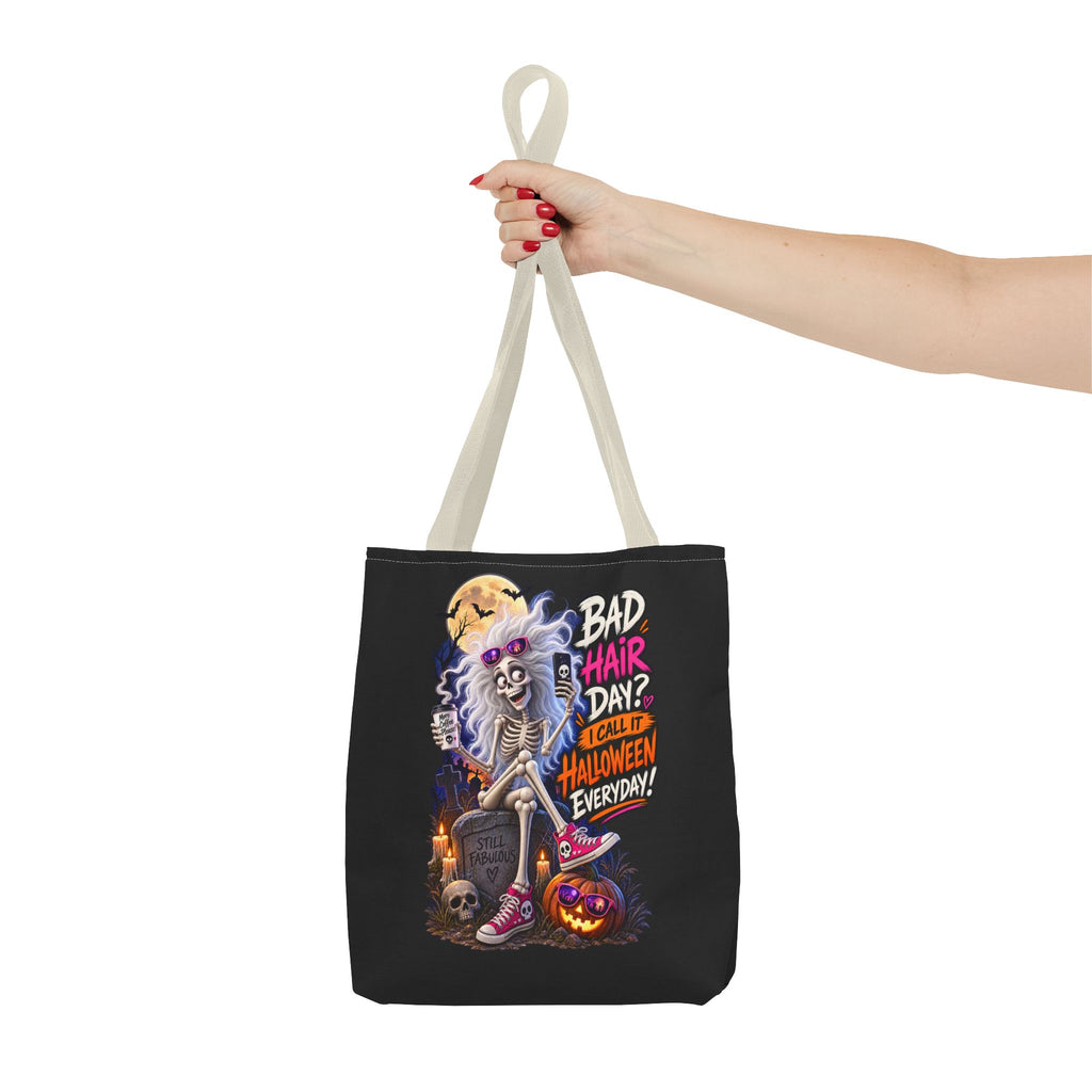 Halloween Skeleton Tote Bag — "Bad Hair Day? I Call It Halloween Everyday" Graphic