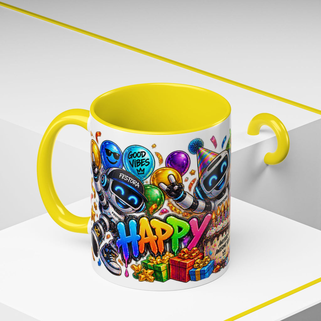 Birthday Robot Coffee Mug — Colorful Happy Birthday Accent Mug (11oz)
