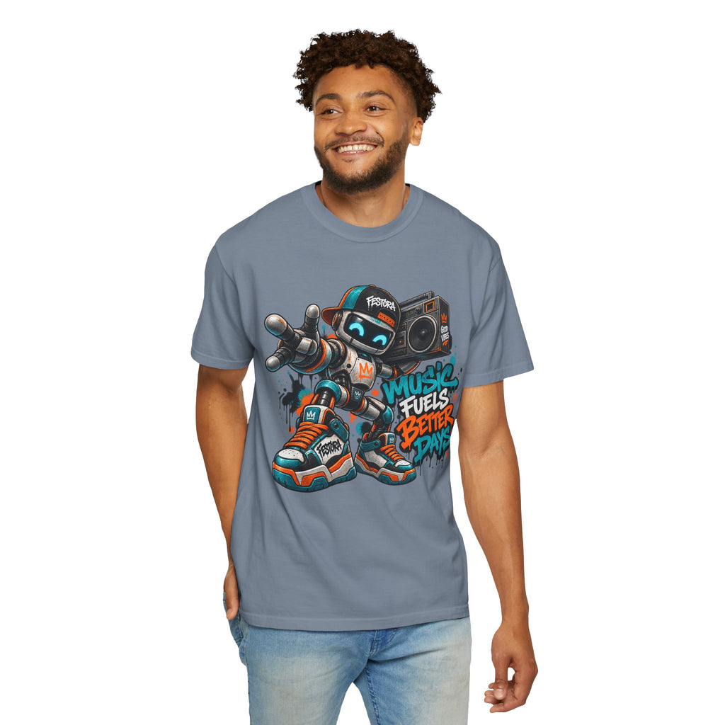 Music Fuels Better Days T-Shirt — Retro Robot Boombox Streetwear