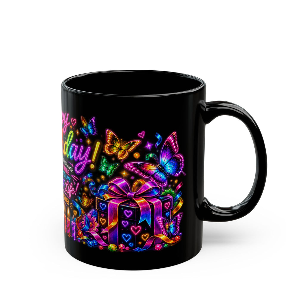 Birthday Black Mug – "Happy Birthday" Neon Gift Mug with Colorful Butterflies & Present