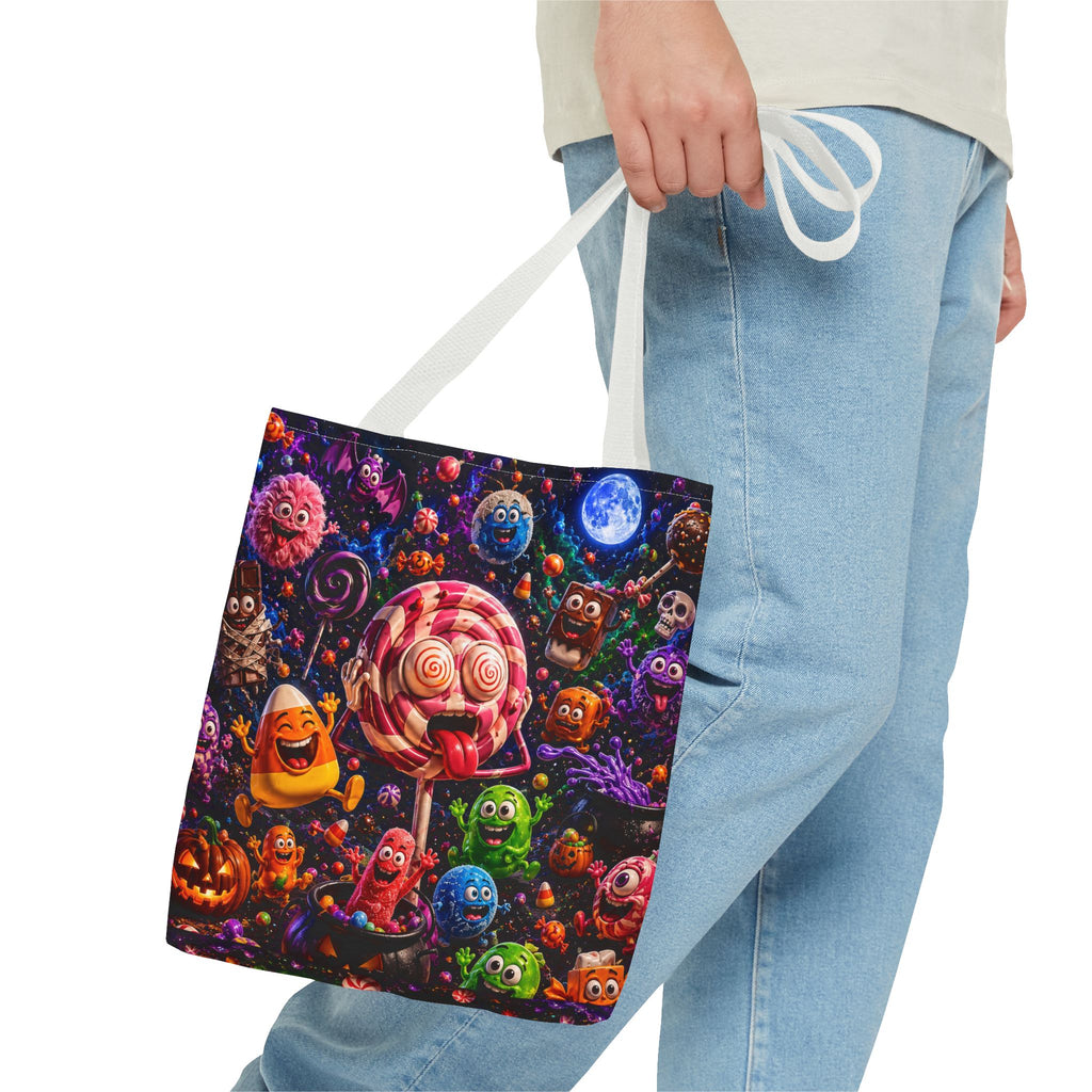 Crazy Halloween Candy Monsters Tote Bag — Colorful 3D Lolipop & Treats Design