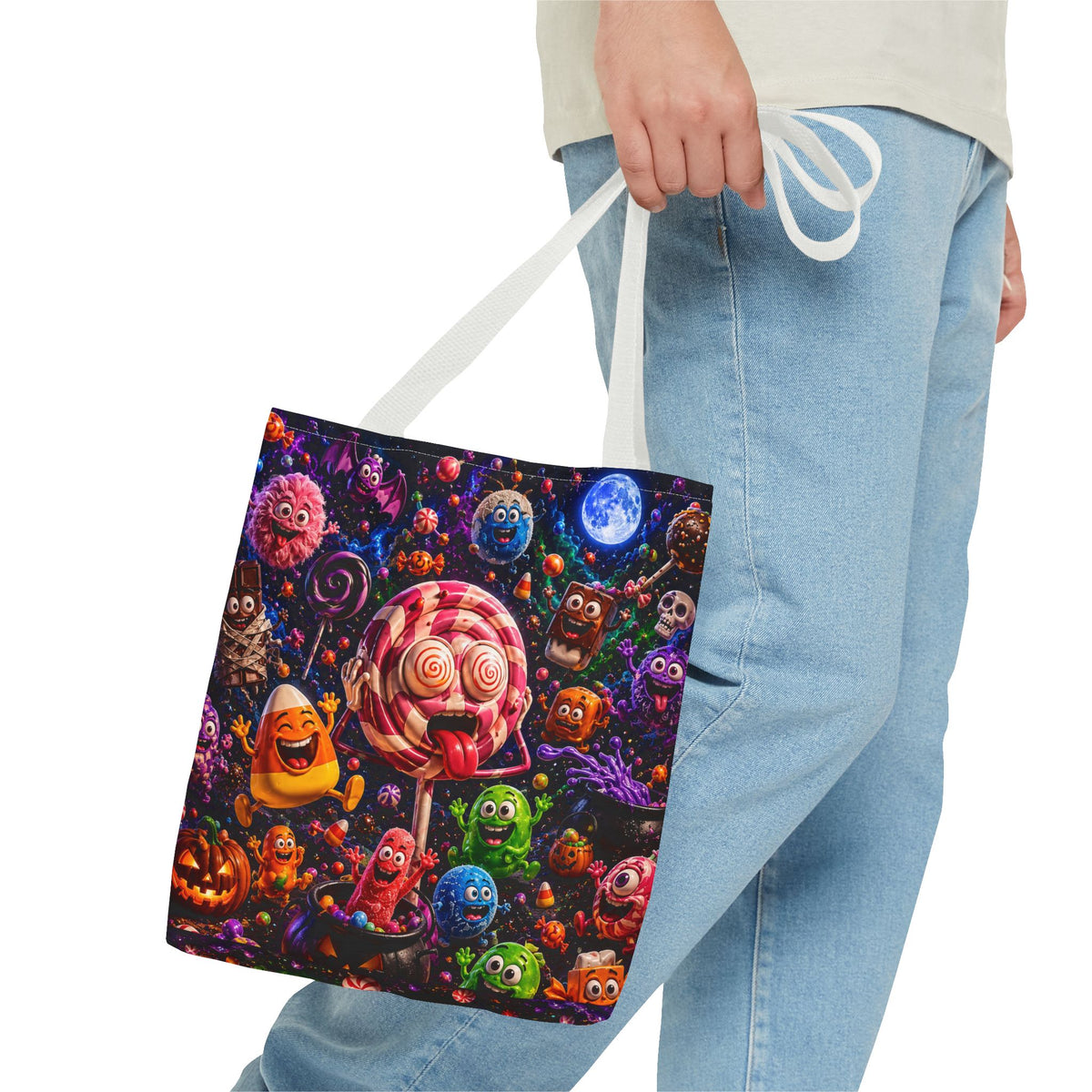 Crazy Halloween Candy Monsters Tote Bag — Colorful 3D Lolipop & Treats Design