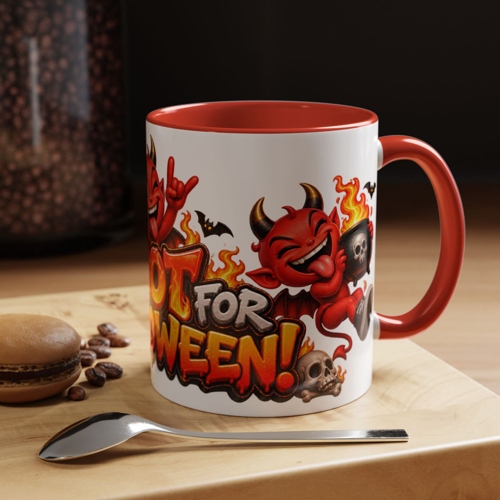 Too Hot for Halloween White Mug – Funny Devils, Flames & Spooky Design
