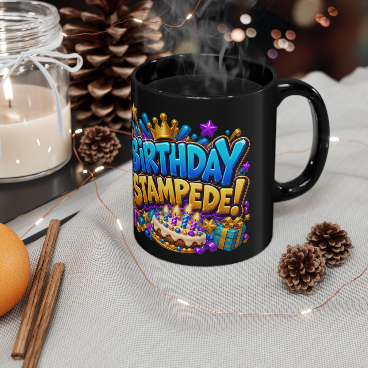 Birthday Stampede Black Mug – Funny Buffalo Birthday Cup, Colorful Party Gift