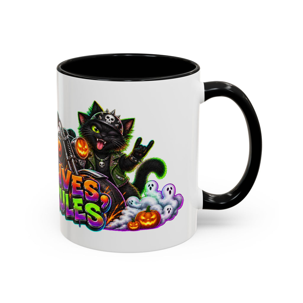 Nine Lives Zero Rules Biker Cats Halloween White Mug
