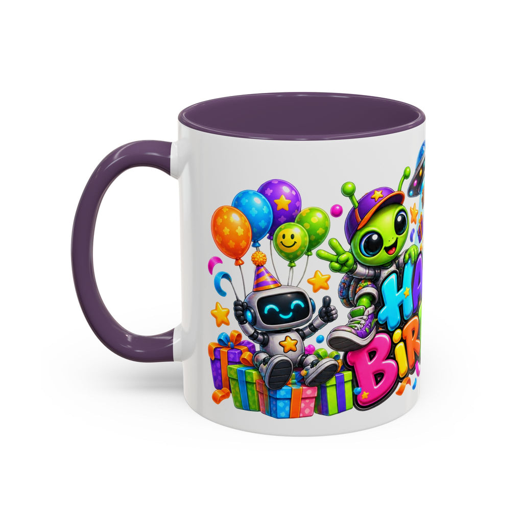 Happy Birthday Space Party Mug – Cute Aliens, Robots, UFO & Colorful 3D Birthday Design