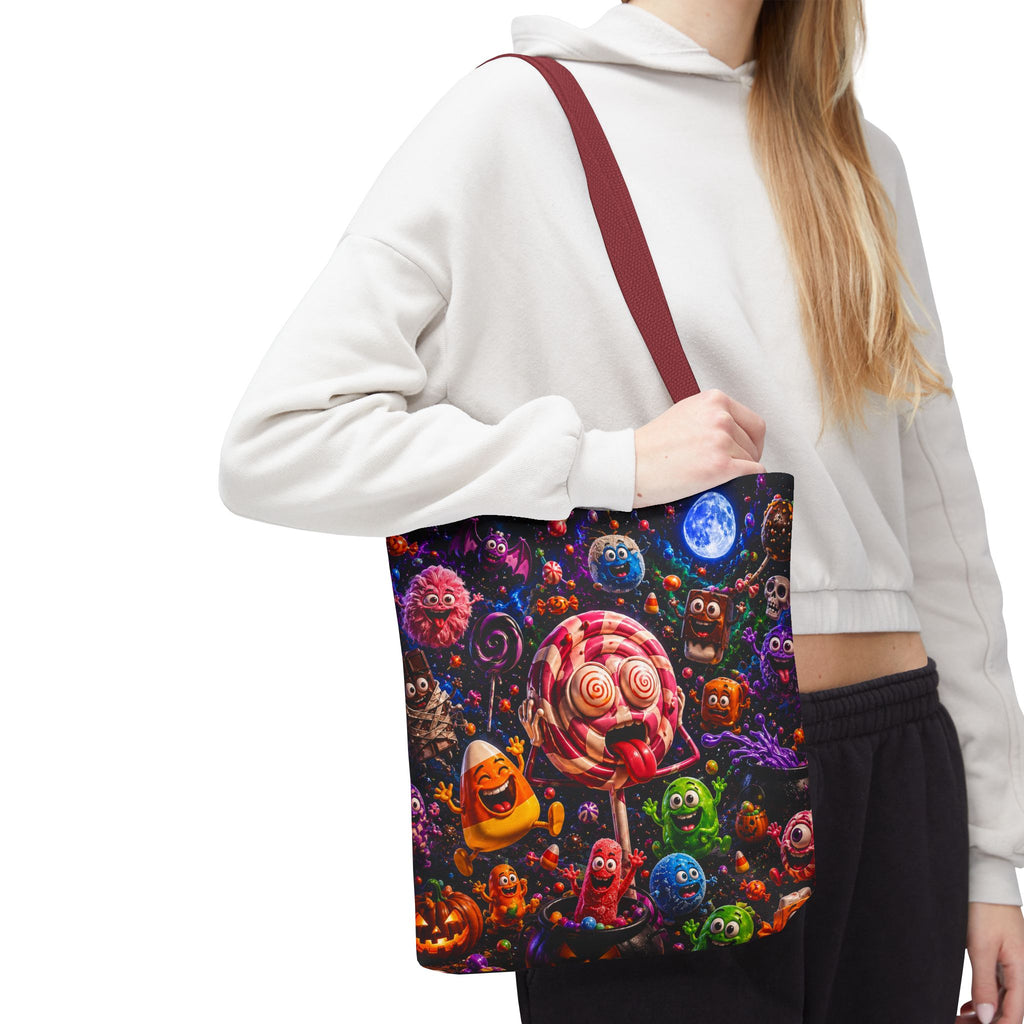 Crazy Halloween Candy Monsters Tote Bag — Colorful 3D Lolipop & Treats Design