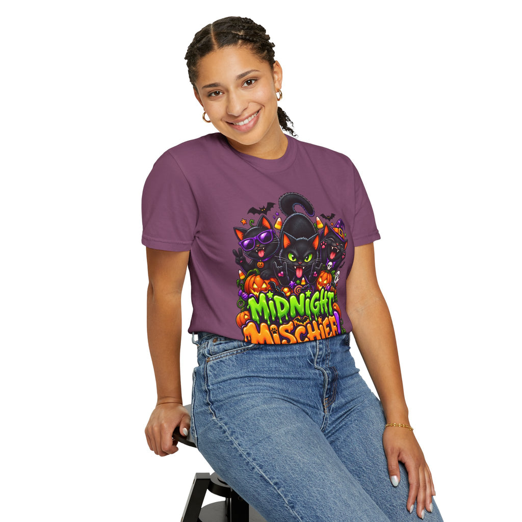 Midnight Mischief Halloween T-Shirt – Funny Black Cat Graphic Tee