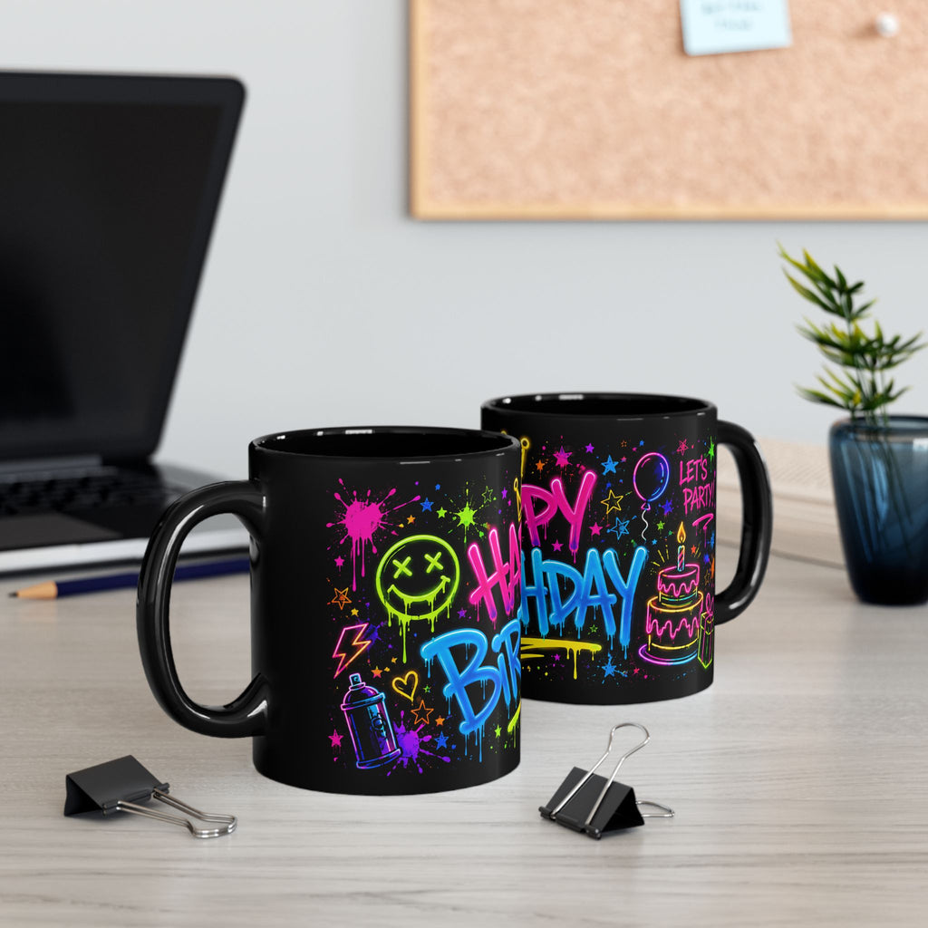 Happy Birthday Neon Graffiti Mug — Colorful Black Birthday Coffee Cup