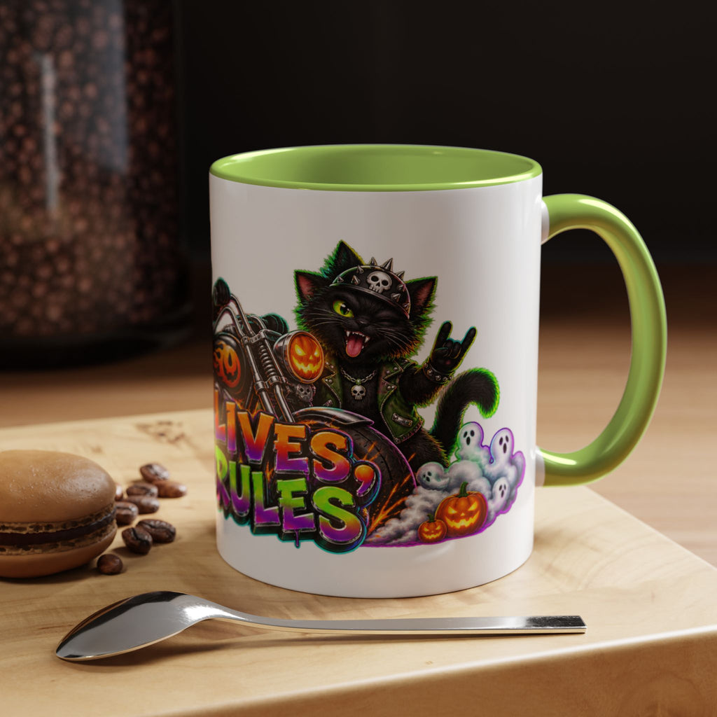 Nine Lives Zero Rules Biker Cats Halloween White Mug