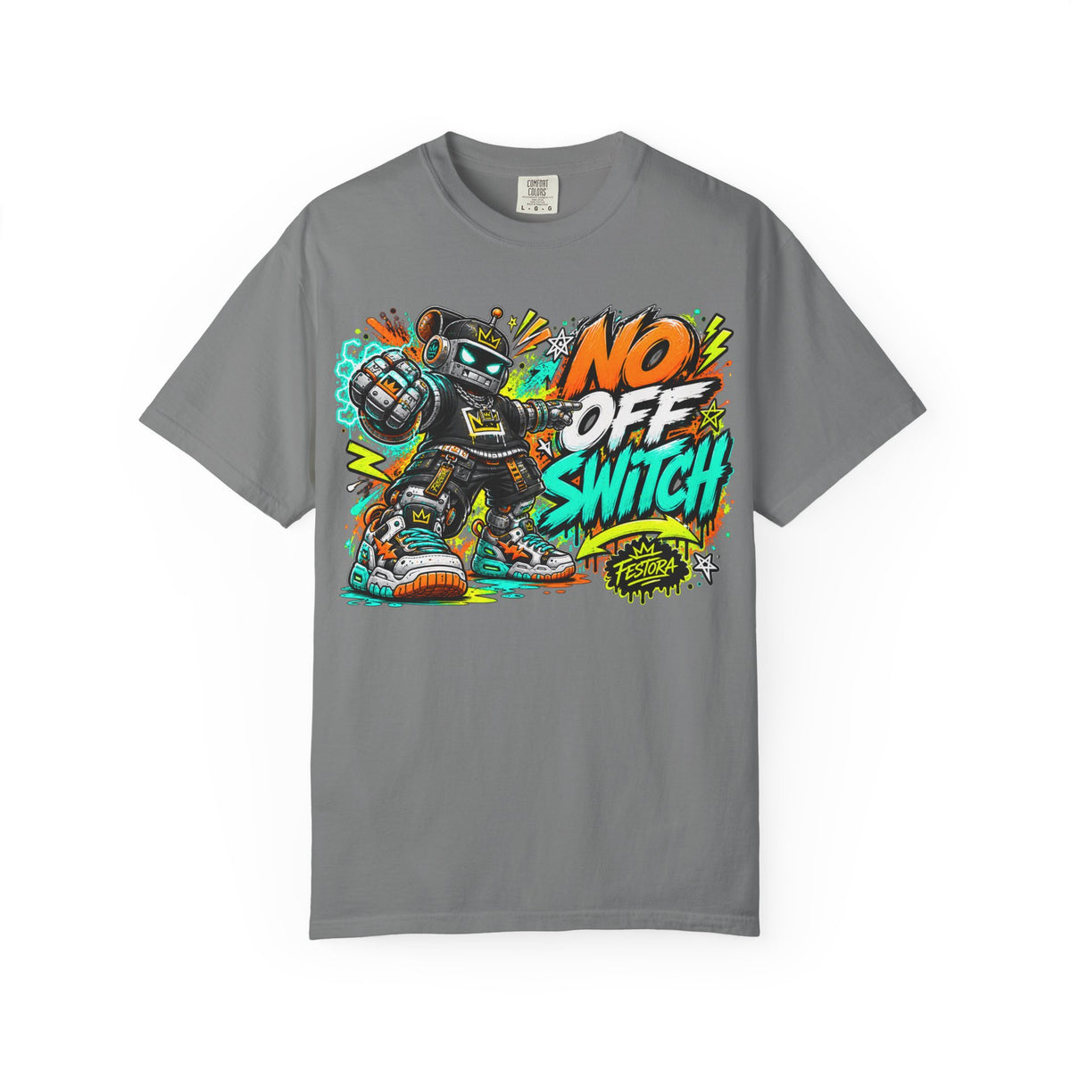 No Off Switch Robot Graphic T-Shirt — Bold Retro Streetwear Design