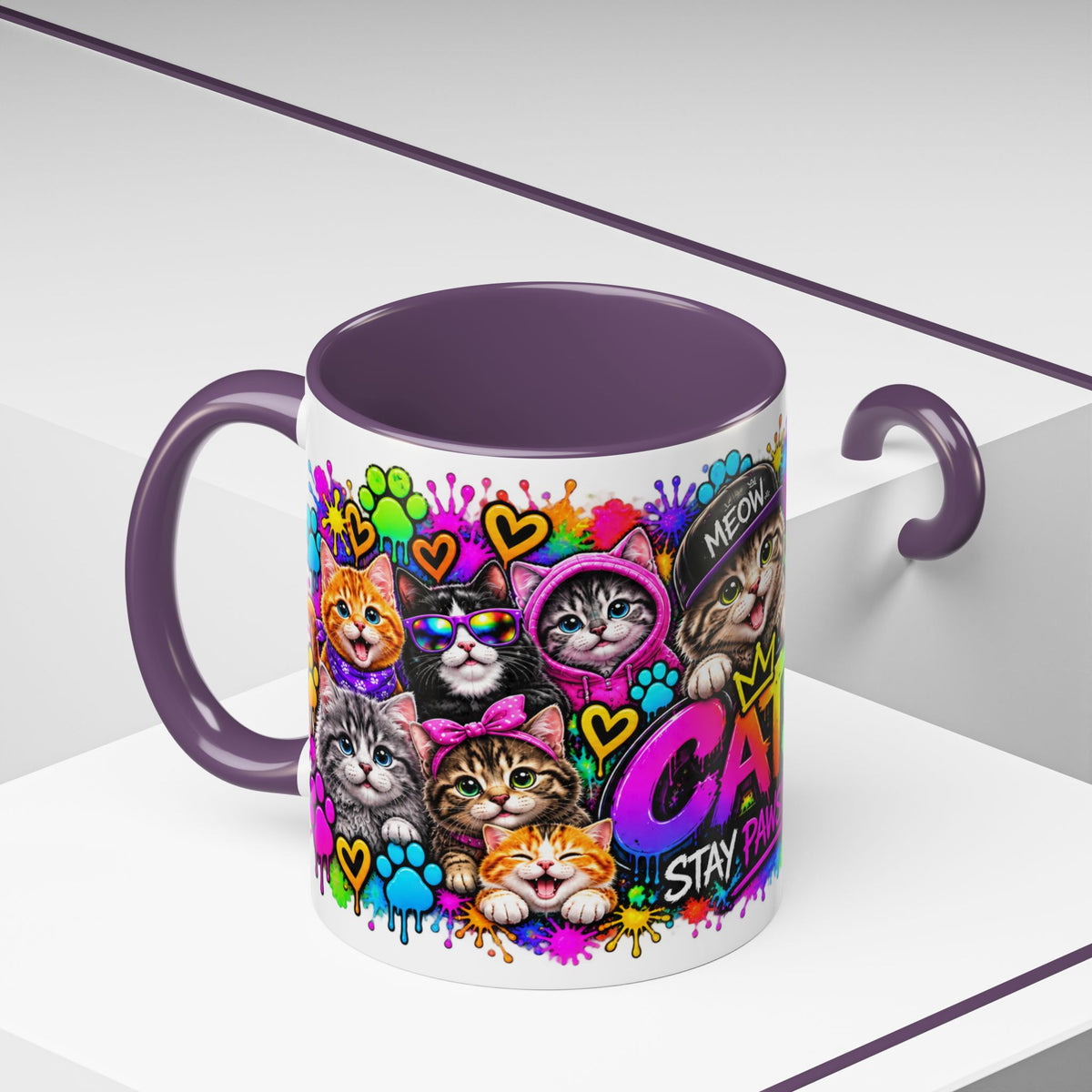 Cats Stay Pawsitive Accent Coffee Mug – Colorful Cute Cat Paw Print Design (11oz)