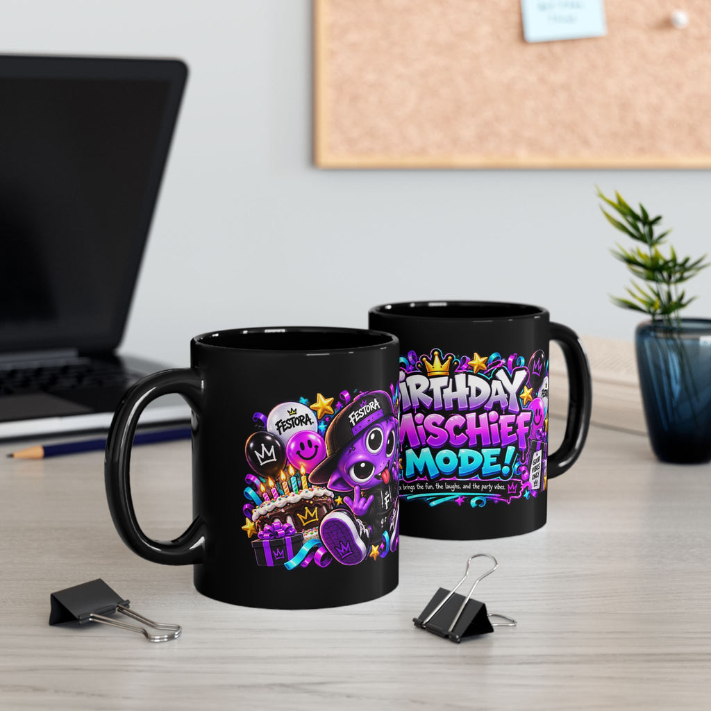 Birthday Mischief Mode Black Mug – Festora Alien Trix Birthday Cup