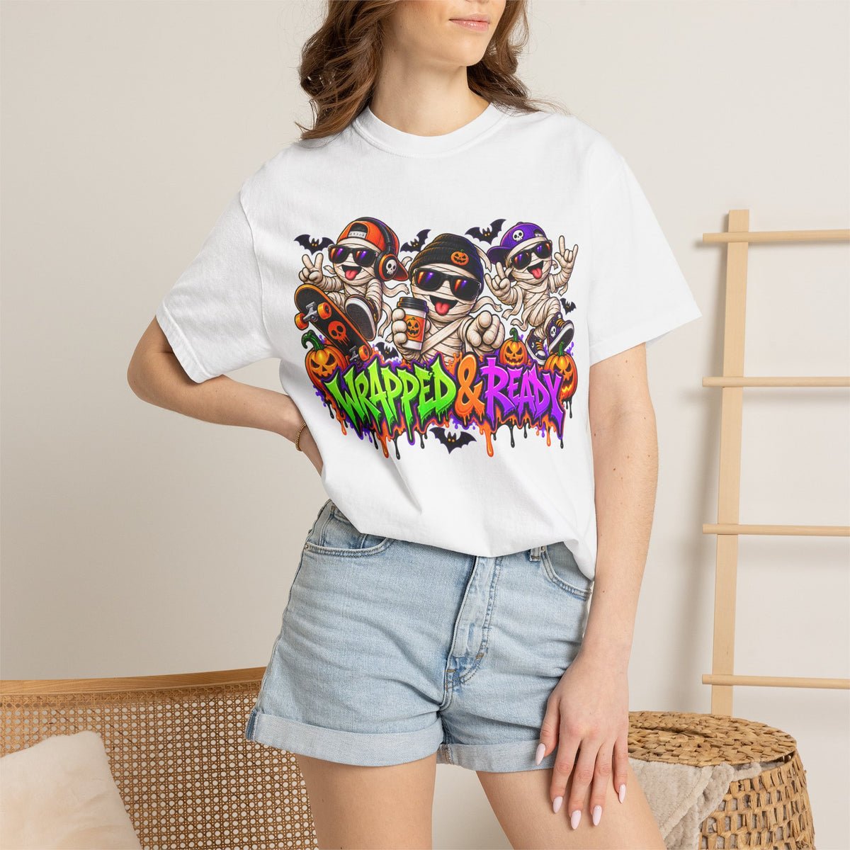 Wrapped & Ready – Halloween Mummy Crew Graphic T-Shirt