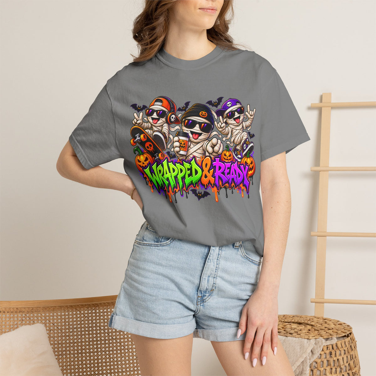 Wrapped & Ready – Halloween Mummy Crew Graphic T-Shirt