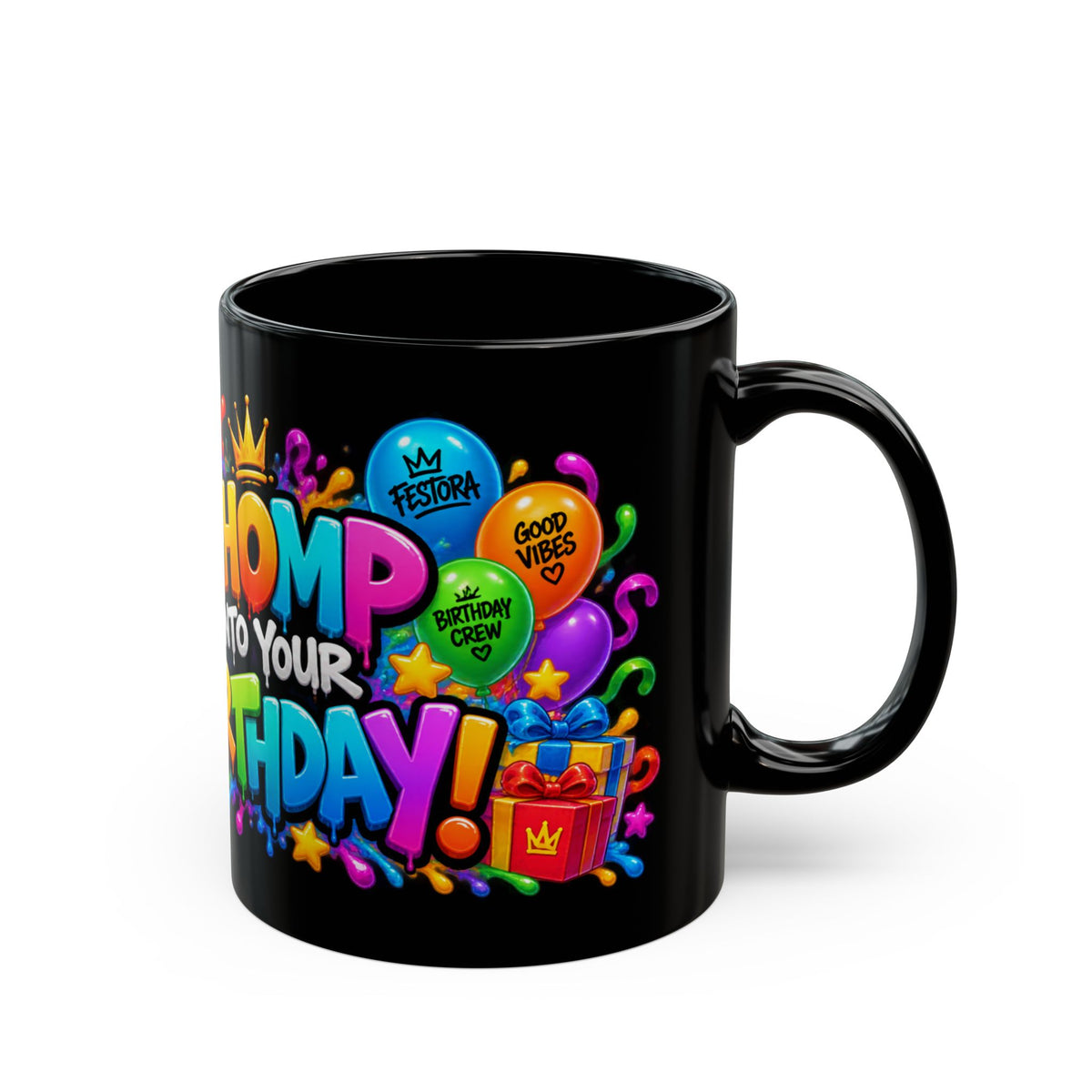 CHOMP INTO YOUR BIRTHDAY! Black Ceramic Mug – Funny Crocodile Birthday Coffee Cup – Colorful Party Gift – Original FestoraShop Design