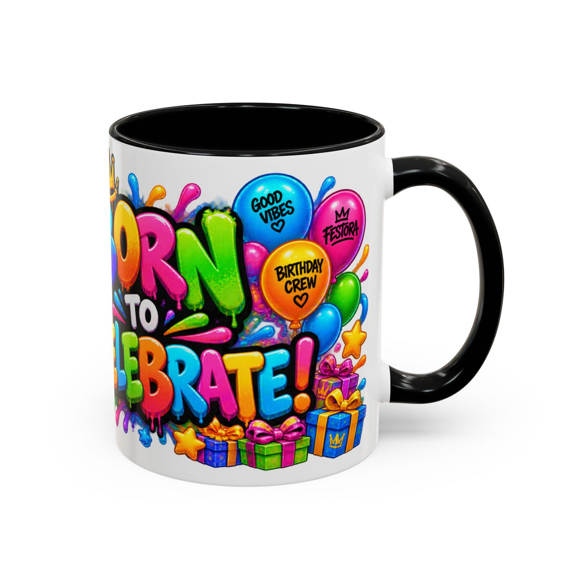 BORN TO CELEBRATE! White Ceramic Mug – Cute Axolotl Birthday Coffee Cup – Colorful Party Gift – Original FestoraShop Design