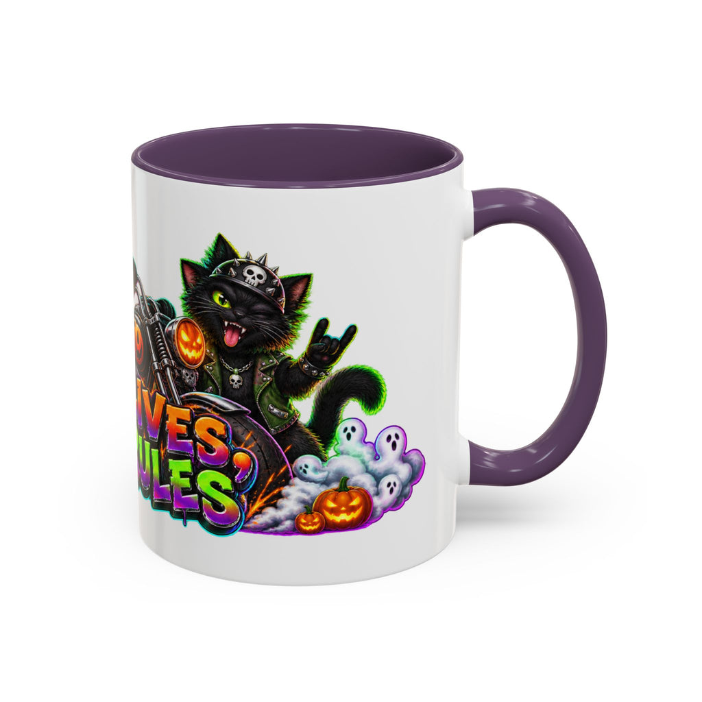 Nine Lives Zero Rules Biker Cats Halloween White Mug