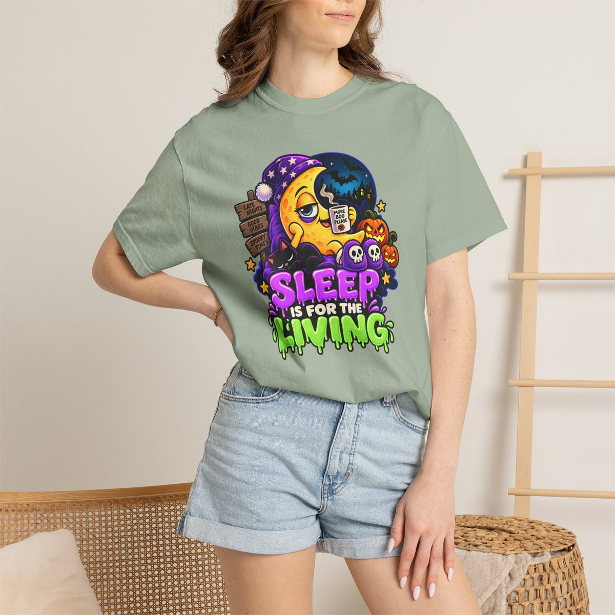 Sleep Is for the Living – Funny Halloween Moon T-Shirt