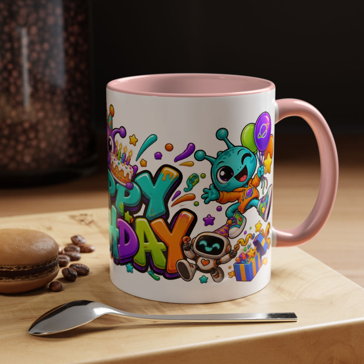 Happy Birthday Alien Mug – Colorful Space Party Cup with Cute Aliens & Robots