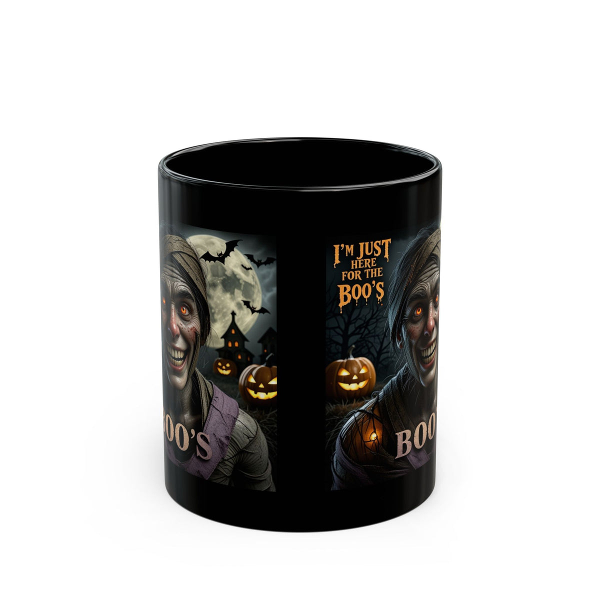 Halloween "I'm Just Here for the Boo's" Black Coffee Mug — Spooky Pumpkin & Mummy Design (11oz/15oz)