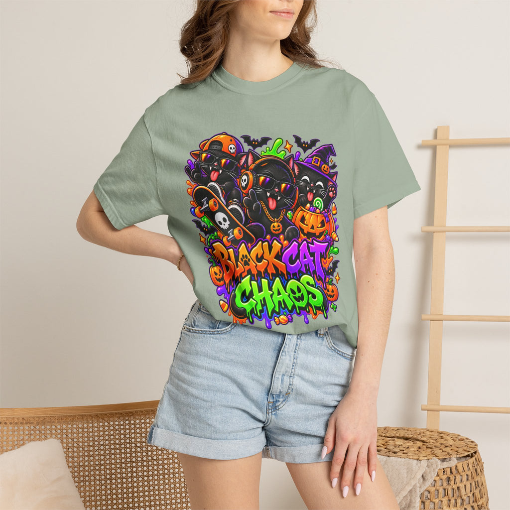 Neon Black Cat Halloween Chaos T-Shirt | Cute Spooky Cat Graphic Tee