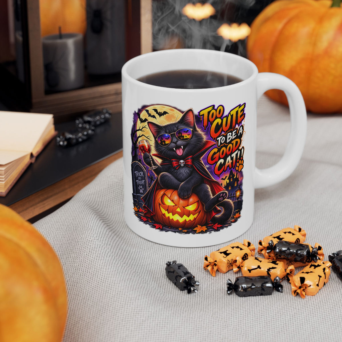 Halloween Cat Mug - “Too Cute to Be a Good Cat” Ceramic Coffee Cup (11oz/15oz)