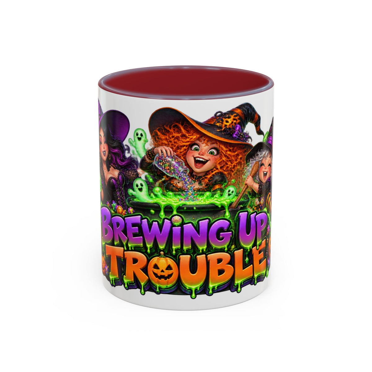 Brewing Up Trouble Witches Halloween White Mug