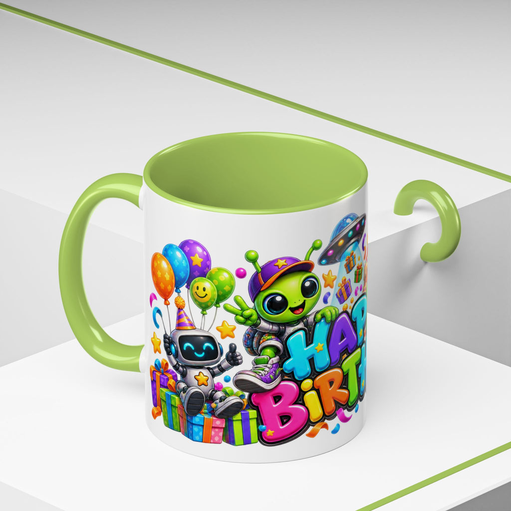 Happy Birthday Space Party Mug – Cute Aliens, Robots, UFO & Colorful 3D Birthday Design