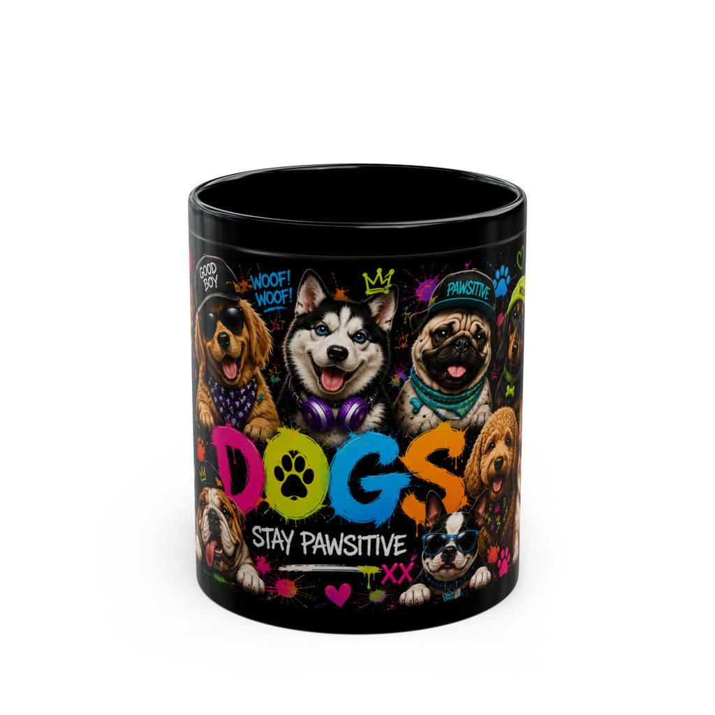 Dogs Stay Pawsitive Black Mug — Colorful Cute Dog Breeds Coffee Cup (11oz/15oz)